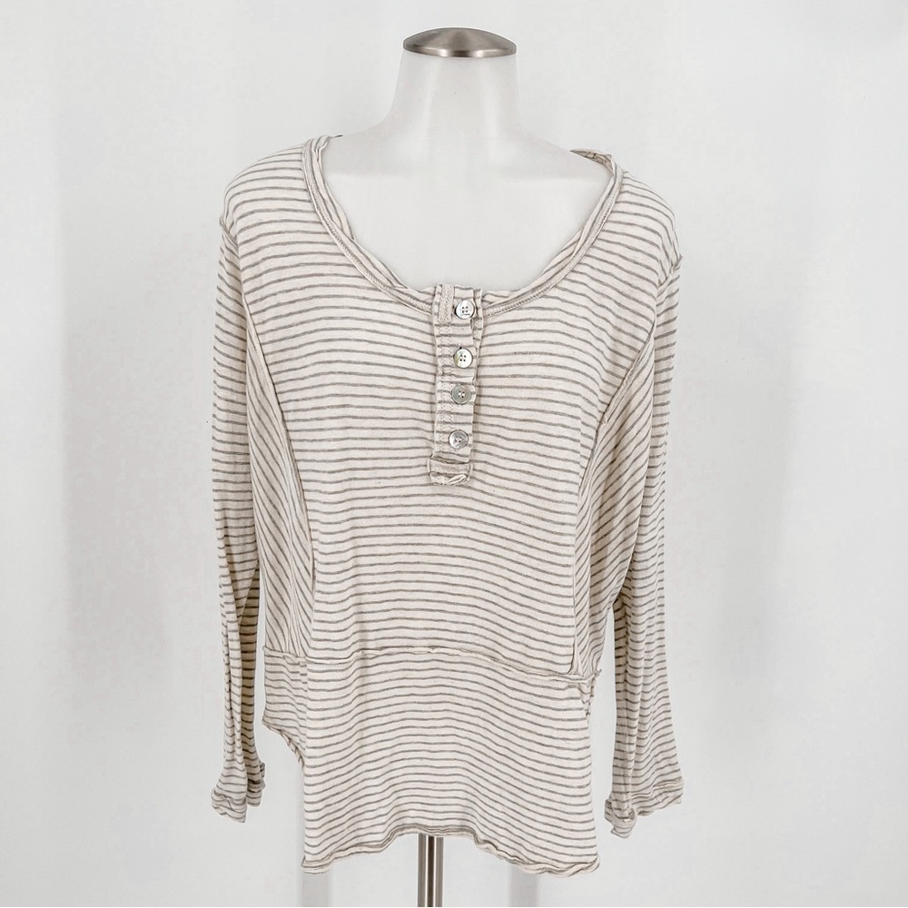 Free People Top Hong Kong Henley Natural Striped Linen Blend Women's Tunic